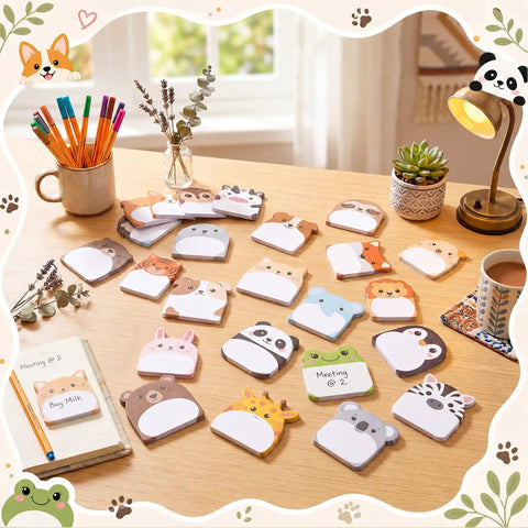 Dope 24 Pack Cartoon Animal Sticky Notes Set With 1152 Sheets arranged on desk with tea and decor