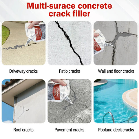 Two Pack Concrete Crack Filler Sealant For Fast Repair used on various surfaces like driveways, patios, and walls for waterproofing.