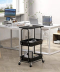 Two Tier Rolling Utility Cart With Wood Top And Lockable Wheels Metal Storage Trolley With Mesh Baskets in office setting
