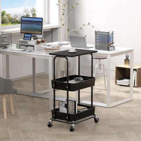 Two Tier Rolling Utility Cart With Wood Top And Lockable Wheels Metal Storage Trolley With Mesh Baskets in office setting