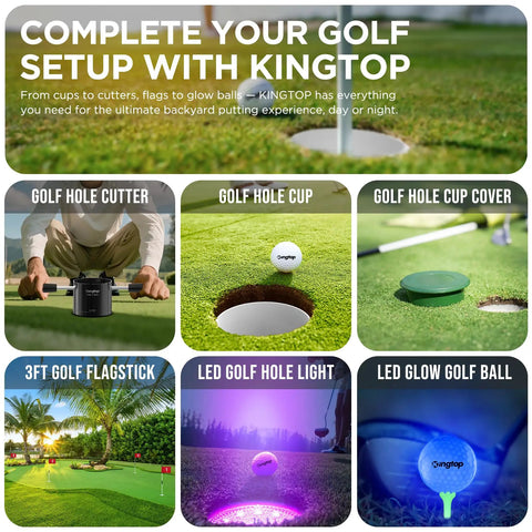 Image showcasing golf setup including Golf Hole Cup Set 4 Inch Tall, PGA USGA Standard, 6 Pack, for backyard practice putting green.