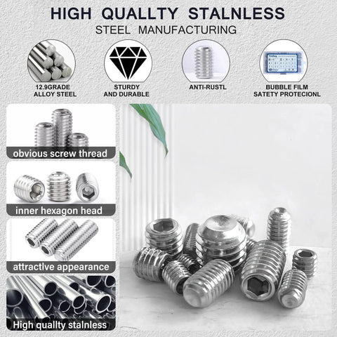 Massive 1305 Piece Metric And SAE Set Screw Kit With Internal Hex Drive Headless Screws, 304 Stainless Steel, screws close-up.