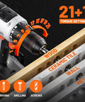 Cordless Drill Kit With Half Inch Metal Keyless Chuck, 443 Inch Pounds Torque, 21+1 torque setting for various materials.
