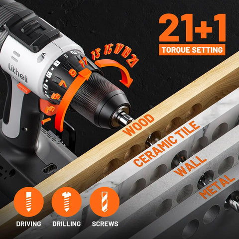 Cordless Drill Kit With Half Inch Metal Keyless Chuck, 443 Inch Pounds Torque, 21+1 torque setting for various materials.