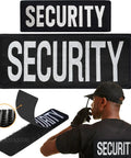 Two Pack Tactical Morale Patch Duo With Rugged Hook And Loop Back For Armed Officers Seeking Bold Double Sided Uniform Visibility That Looks Flat Out Crisp On Every Vest Setup Now, showing black embroidered patches labeled SECURITY.