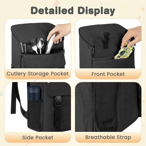 Insulated Leak Proof Cooler Backpack with cutlery and front storage pockets, side pocket, and breathable strap for travel use.