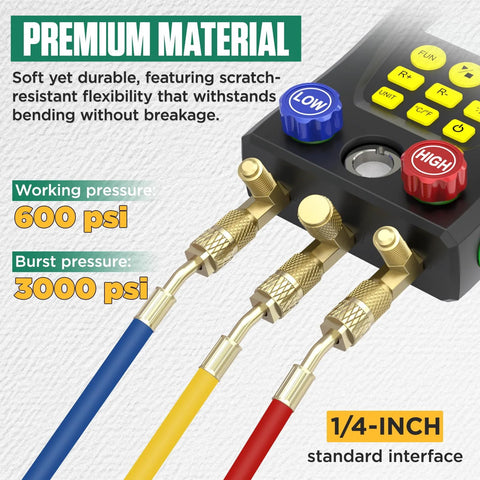 BELEY Digital Manifold HVAC gauge set, front view with blue, yellow and red hoses and brass fittings