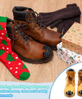Four Pack Rubber Toe Protectors For Work Boots Black Heavy Duty Toe Guards shown on brown boots near holiday items.