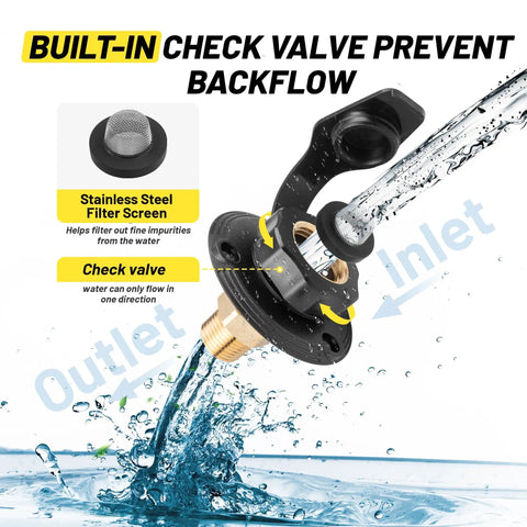 City Water Inlet For RV With Lead Free Brass And Check Valve, Three Quarter Inch NH Female To One Half Inch NPT Male Connection, Water Fill Inlet Flange Replacement For Camper Trailer Motorhome And Marine Use; built-in check valve