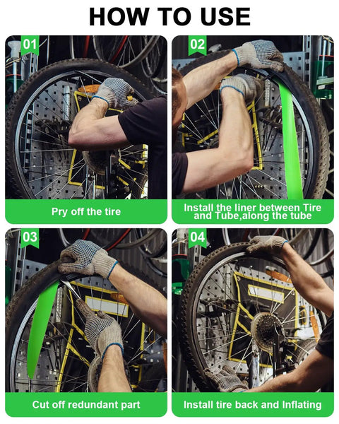 Installation steps of Fat Bike Tire Liner Flat Protector For 20 To 29 Inch Fat Bicycles, showing user inserting and trimming.