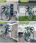 Two Bike Floor Stand Freestanding Bicycle Parking Rack For Garage Indoor Outdoor With Hooks Durable Metal Cycle Storage Organizer For Road And Mountain Bikes Adjustable Tire Width in various settings