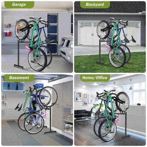 Two Bike Floor Stand Freestanding Bicycle Parking Rack For Garage Indoor Outdoor With Hooks Durable Metal Cycle Storage Organizer For Road And Mountain Bikes Adjustable Tire Width in various settings