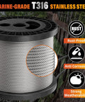 Spool of One Eighth Inch T316 Marine-Grade Stainless Steel Railing Wire Rope Cable, 500 Feet, for outdoor use.