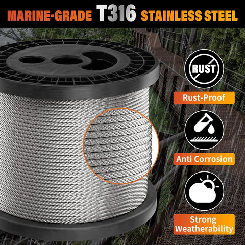 Spool of One Eighth Inch T316 Marine-Grade Stainless Steel Railing Wire Rope Cable, 500 Feet, for outdoor use.