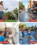 Four scenes of 100 Ft Stainless Steel Garden Hose No Kinks And Leak Proof Flexible Water Hose with spray nozzle in use for various tasks.
