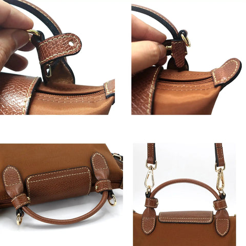 Hella Sturdy Adjustable Cowhide Leather Shoulder Strap Kit With Vintage Gold Hardware Game Changer For Mini Purse Easy Punch Free Installation Brown And Gold Crossbody Converter, detailed installation steps.