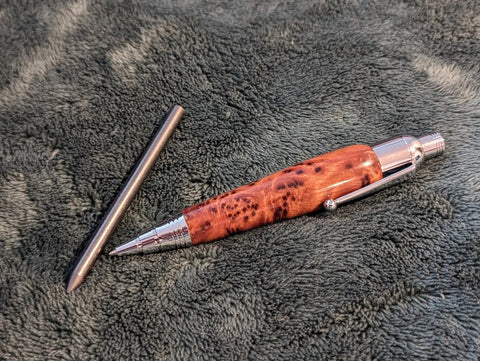 Top Shelf Chrome Woodturning Hardware Kit Pencil And Pen Project Set Three Piece Collection with chrome pen and metal tube.