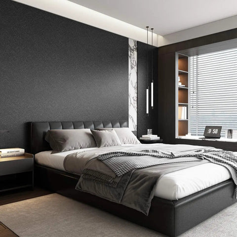 Slick Self Adhesive Black Silk Wallpaper Peel And Stick With Embossed Texture for bedroom walls, removable and waterproof vinyl.