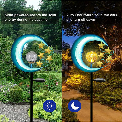 Stars Moon Solar Lights Outdoor Garden Decor Crackle Glass Globe LED display illustrating day and night modes in a garden.