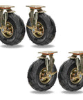 Set Of Four Heavy Duty Industrial Pneumatic Caster Wheels With Brakes Double Ball Bearing Swivel Casters featuring rubber tires and sturdy frames.