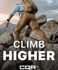 Back view of man climbing rocks wearing Mens Convertible Cargo Pants For Hiking And Work Water Resistant Zip Off Stretch Tactical Pants