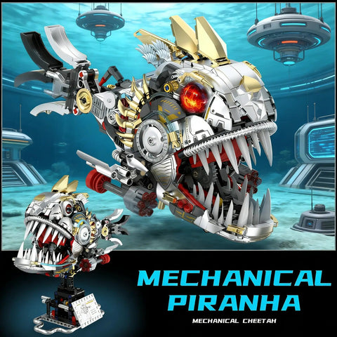 Mechanical Piranha Building Set With Multi Joint Linkage Fish That Works With Lego Animal Bricks Dope For Book Shelves Or Home Office Decor STEM Ocean Creature Toy For Boys Age 8 Plus Creative Gift For Fish Lovers, large LEGO-style mechanical fish model