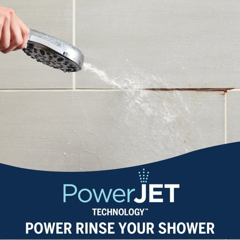 High Pressure Handheld Shower Head With Built In Power Jet And Multiple Spray Settings cleaning shower tile in chrome finish