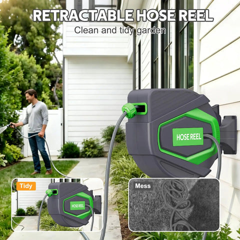 Retractable Garden Hose Reel With Auto Rewind 100 Foot shown mounted on white house exterior, man watering garden