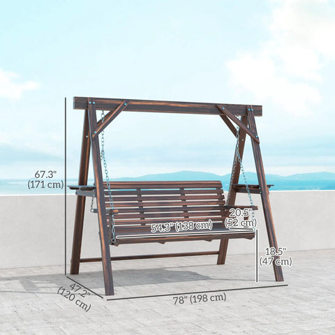 Three Seat Outdoor Porch Swing With Stand And Side Tables, Wooden Patio Swing Bench With Steel Chains in carbonized brown finish