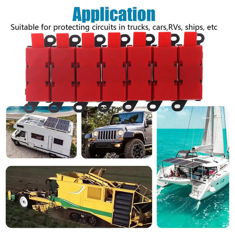 Heavy Duty Badass Six Way Midi Fuse Block And One In Six Out Power Distribution Module Two Hundred Amps in red, used in RVs and vehicles.