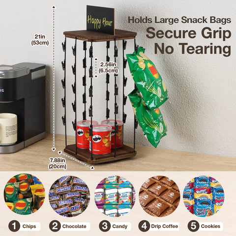 Wooden Chip Rack Display Stand With 5 Tiers And 40 Clips, 360 Degree Rotating Snack Display for Office Countertop with Snacks