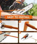Hella Handy Magnetic Firewood Measuring Tool For Chainsaws with user-friendly installation guide and bright orange safety pole.