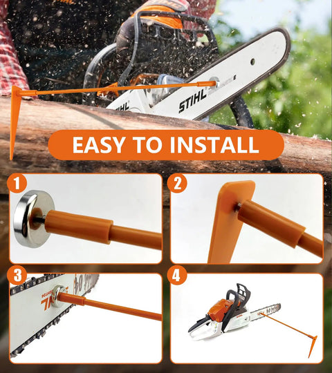Hella Handy Magnetic Firewood Measuring Tool For Chainsaws with user-friendly installation guide and bright orange safety pole.