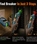 Plug And Play Circuit Breaker Finder With GFCI Outlet Tester demonstrates three-step operation with LED indicators.