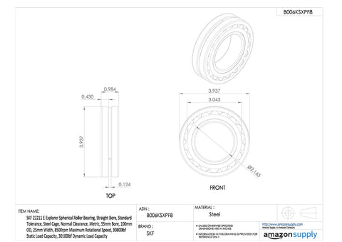 Killer Strength 22211 E Spherical Roller Bearing dimensions showing 55mm bore and 100mm OD with steel cage design.