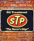 Badass Vintage Metal Tin Signs Retro Garage Wall Decor For Guys Classic Auto Shop Posters Gas Station Art Sweet Man Cave Must Haves Slick 5 Piece Set 8X12 Inch featuring STP Oil Treatment sign on a brick wall.