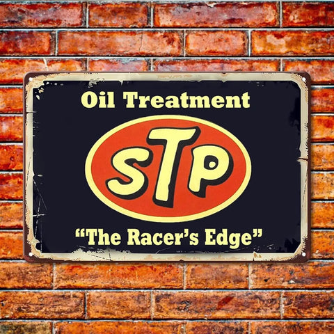 Badass Vintage Metal Tin Signs Retro Garage Wall Decor For Guys Classic Auto Shop Posters Gas Station Art Sweet Man Cave Must Haves Slick 5 Piece Set 8X12 Inch featuring STP Oil Treatment sign on a brick wall.
