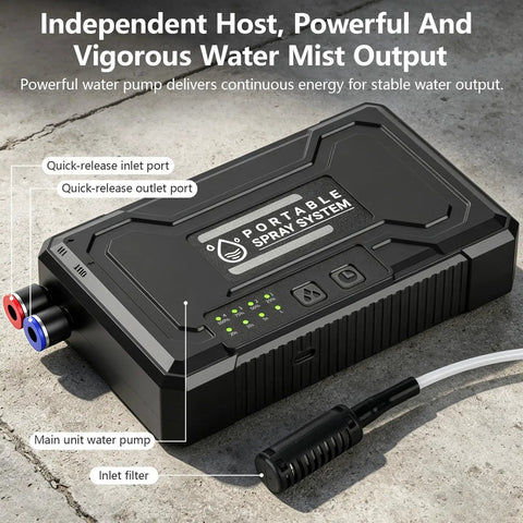 Close-up of black 10000mAh water pump for Standing Outdoor Patio Misting System Portable Cooling Unit, showing inlet ports and labels.