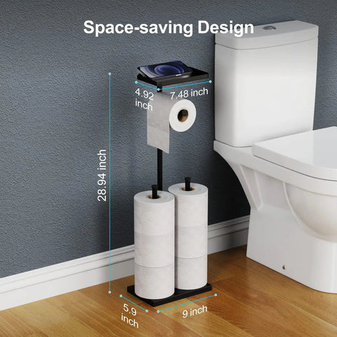 Free Standing Toilet Paper Holder With Shelf For Bathroom Holds Seven Rolls Total With One In Use And Six In Reserve Black Dispenser
