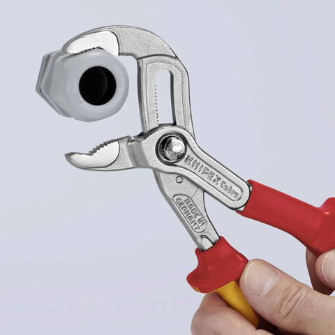 Cobra High Tech Water Pump Pliers 1000V Insulated With Tethered Attachment 10 Inch Red Yellow Quick Jaw Adjustment gripping pipe