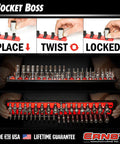 18 Inch Socket Boss Organizer With Twist Lock Clips, Premium 3 Rail Multi-Drive Socket Holder For 1/4 3/8 1/2 Inch Sockets, Holds 57 Tools, SAE And Metric, Red, Made In USA shown in use with tool attachments