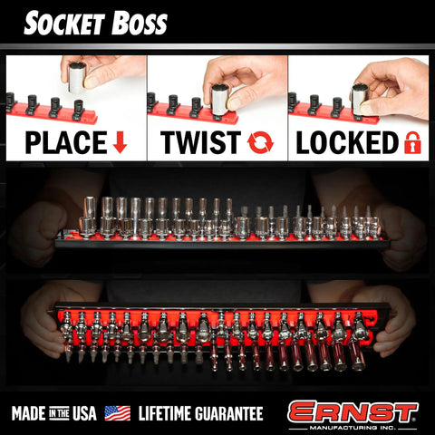 18 Inch Socket Boss Organizer With Twist Lock Clips, Premium 3 Rail Multi-Drive Socket Holder For 1/4 3/8 1/2 Inch Sockets, Holds 57 Tools, SAE And Metric, Red, Made In USA shown in use with tool attachments