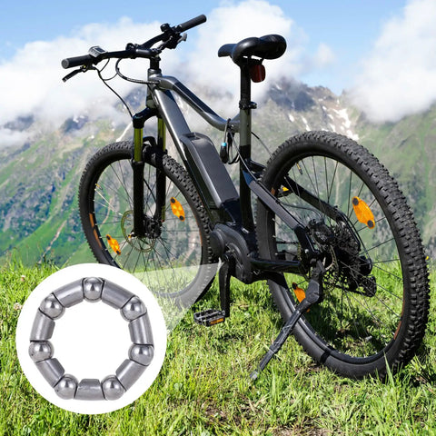 Six Pack Bicycle Crank Bearing Set 5/16 Inch 7 Balls 38 OD 24 ID 8 MM Ball Size Replacement Bottom Bracket Bearings For Bikes Repair Fits Schwinn Mountain Genesis Beach Cruiser pictured with a mountain bike.