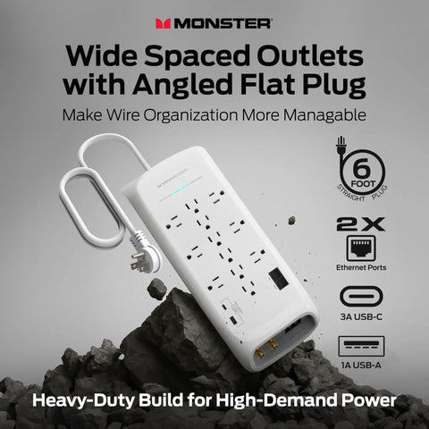 Beefed-Up Heavy Duty Surge Protector Power Strip With 4050 Joules, 10 Outlets, 2 USB Ports, fireproof MOV design shown on rocks