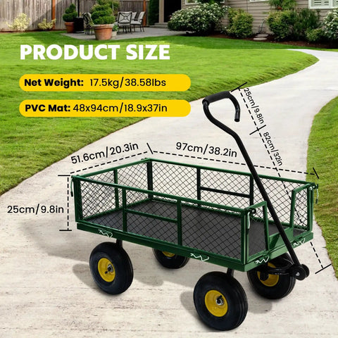 Beefy 900 Lbs Heavy Duty Garden Cart Wagon With Removable Mesh Sides on pathway, shown in side view