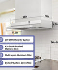 FIREGAS 30-inch under-cabinet stainless steel range hood with 300 CFM, aluminum filter, ducted/ductless convertible.