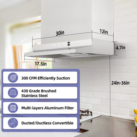 FIREGAS 30-inch under-cabinet stainless steel range hood with 300 CFM, aluminum filter, ducted/ductless convertible.