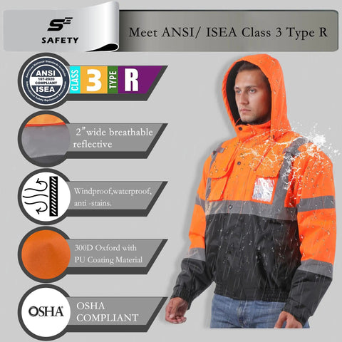 Hi Vis Reflective Bomber Jacket For Men Waterproof And Windproof Safety Coat With Zipper Detachable Hood Multiple Pockets Black Bottom Class 3 High Visibility Workwear For Construction And Outdoor Jobs shown with ANSI/ISEA patch.