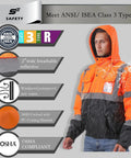 Man wearing Hi Vis Bomber Jacket For Men With Waterproof Construction, Front Zipper And Detachable Hood, Class 3 High Visibility.