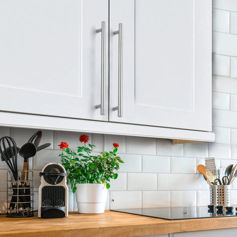Brushed Nickel Cabinet Handles 10 Pack, Seven And One Half Inch Center To Center on white kitchen cabinets